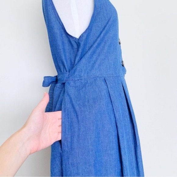 Vintage 70s 80s Denim Jumper Dress Midi Sleeveless with Pockets Size Medium - Picture 5 of 9